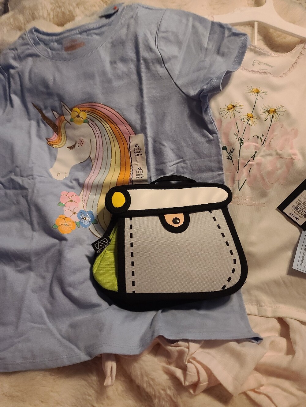 Girls Bundle art class Pajama Set, Cat & Jack Unicorn Shirt and Bag of Choice